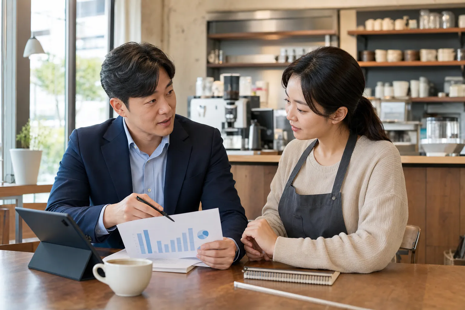 카페 대표와 전문가가 매출 자료를 함께 살펴보는 모습
