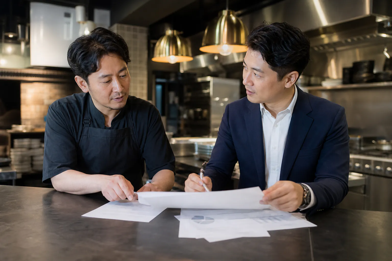 식당 대표와 전문가가 운영 자료를 놓고 상담하는 모습